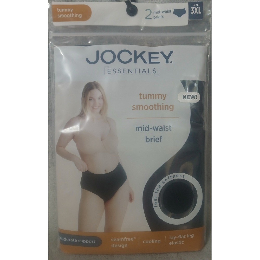 Jockey Essentials Womens 2 Pack Tummy Smoothing Mid-Waist Brief Black 3XL READ